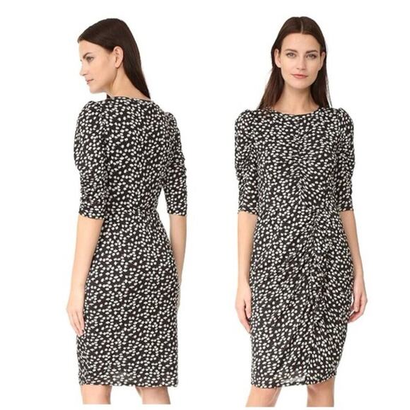 REBECCA TAYLOR DRESS RUCHED PREPPY CHIC FLORAL FIZZ BLACK IVORY Sz M TRENDY - Picture 2 of 15